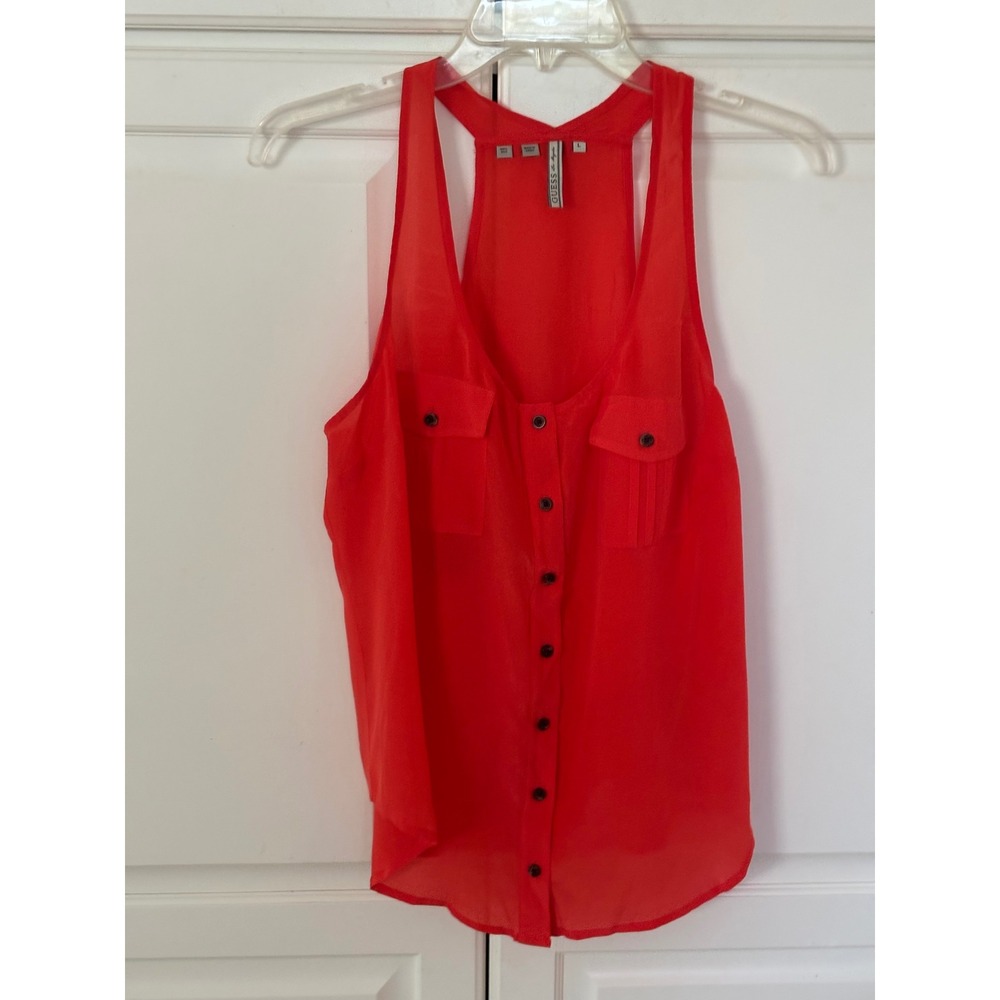 Guess Los Angeles Red 100% Silk Button Front Racerback‎ Tank Top Blouse Large